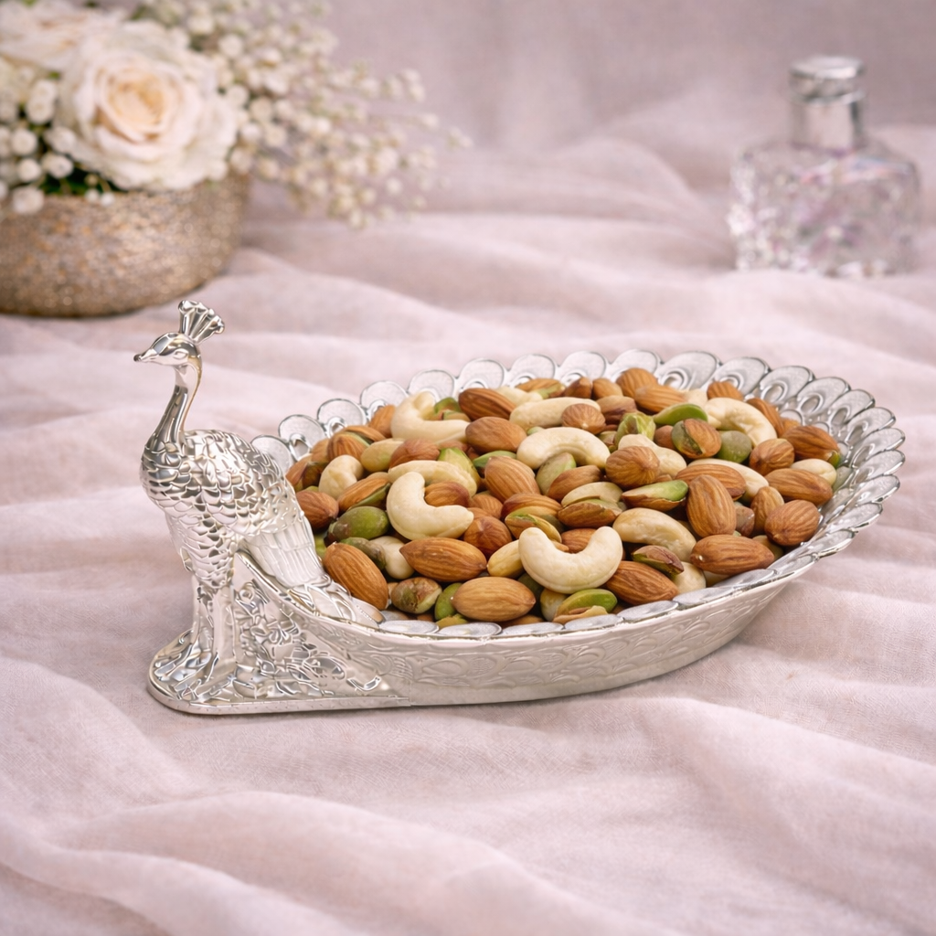 Peacock-Shaped German Silver Dry Fruit Tray (8 Inch) – Elegant Wedding & Festive Serving Platter