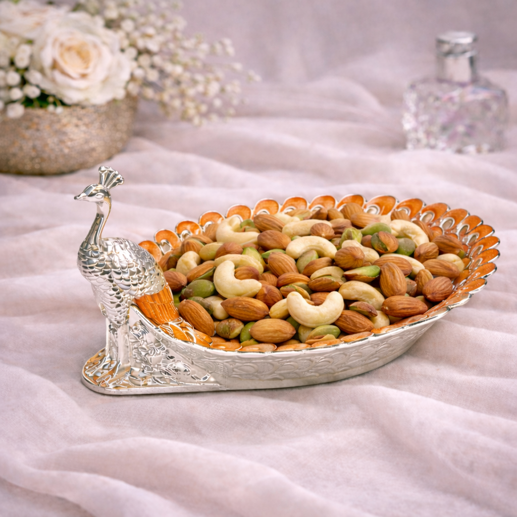 Peacock-Shaped German Silver Tray with Orange Enamel (8 Inch) – Luxury Dry Fruit & Gifting Tray