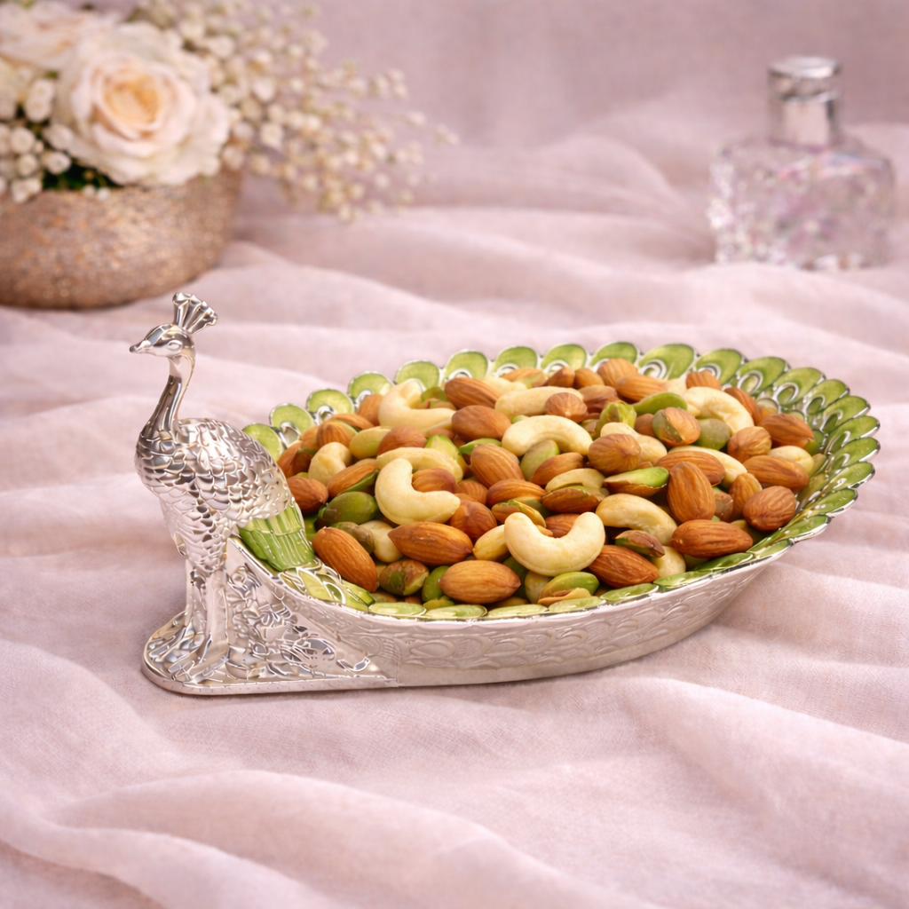 Peacock-Shaped German Silver Dry Fruit Tray – Green Enamel Finish (8 Inch)