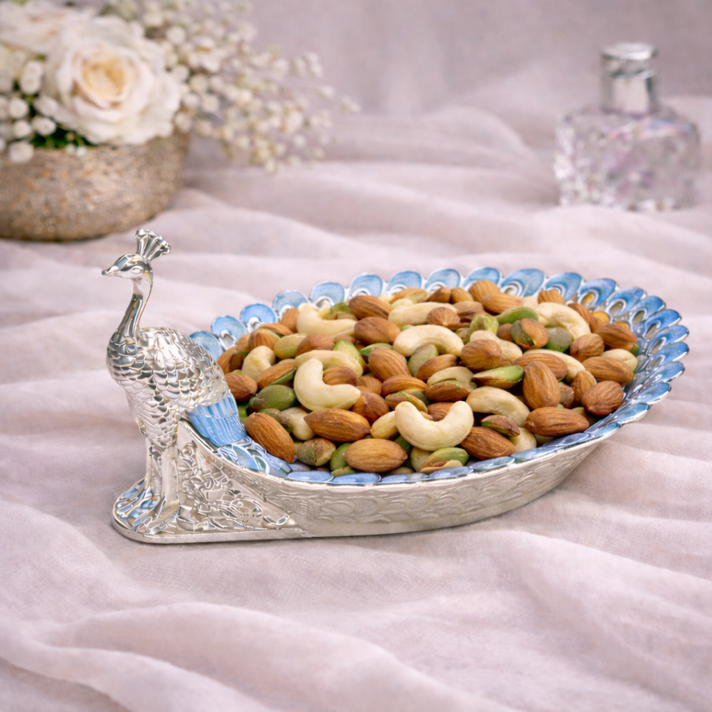Peacock Design German Silver Dry Fruit Tray – Blue Enamel (8 Inch)
