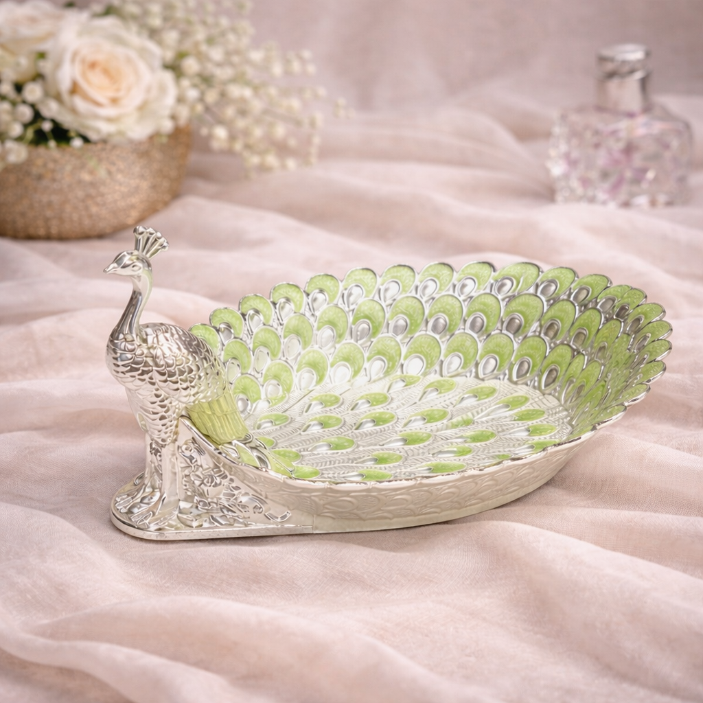 Peacock-Shaped German Silver Dry Fruit Tray – Green Enamel Finish (8 Inch)