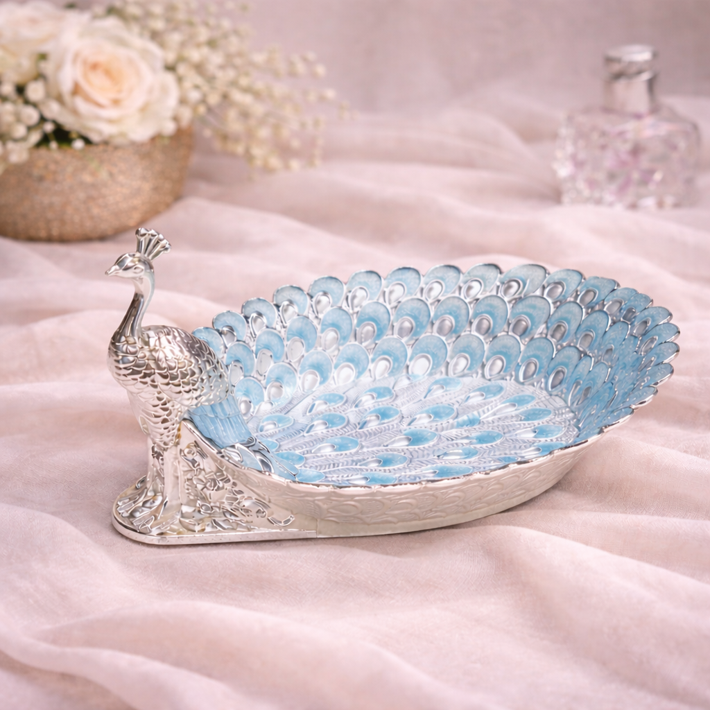 Peacock Design German Silver Dry Fruit Tray – Blue Enamel (8 Inch)