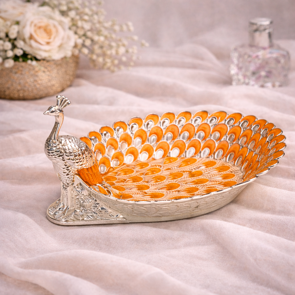 Peacock-Shaped German Silver Tray with Orange Enamel (8 Inch) – Luxury Dry Fruit & Gifting Tray