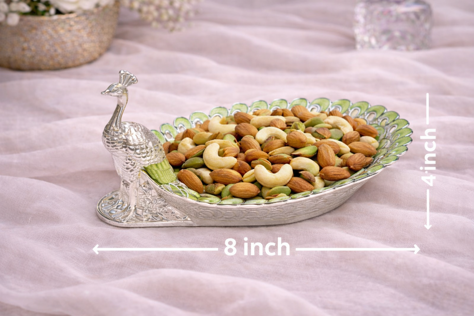 Peacock-Shaped German Silver Dry Fruit Tray – Green Enamel Finish (8 Inch)