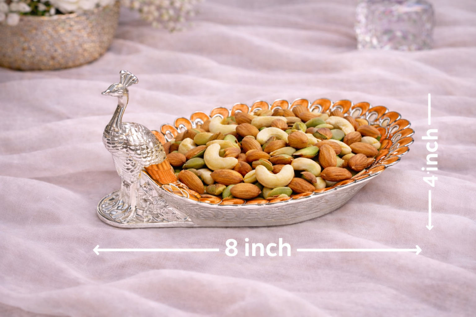 Peacock-Shaped German Silver Tray with Orange Enamel (8 Inch) – Luxury Dry Fruit & Gifting Tray
