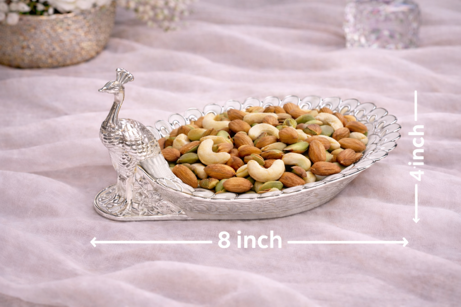 Peacock-Shaped German Silver Dry Fruit Tray (8 Inch) – Elegant Wedding & Festive Serving Platter