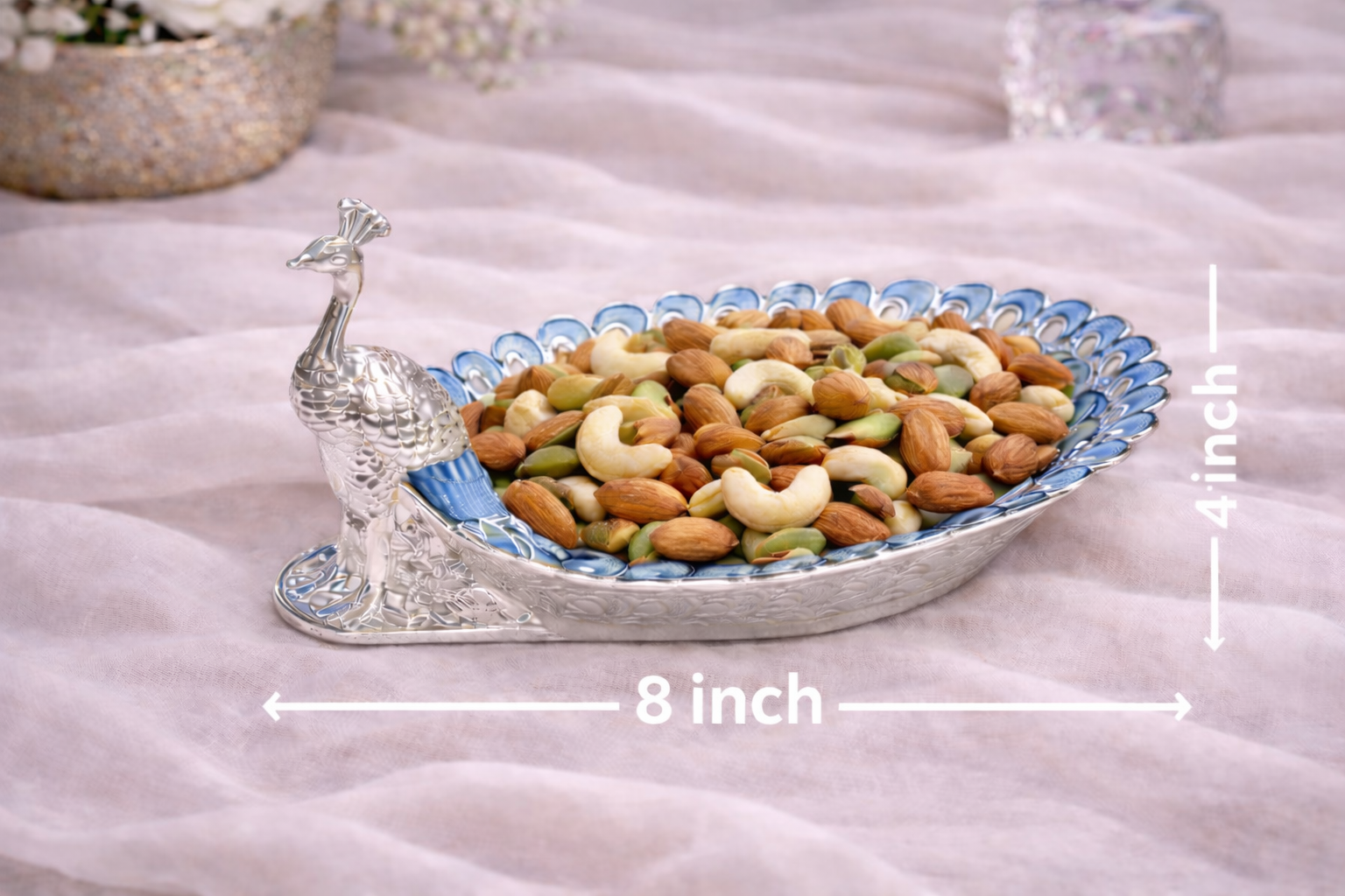 Peacock Design German Silver Dry Fruit Tray – Blue Enamel (8 Inch)