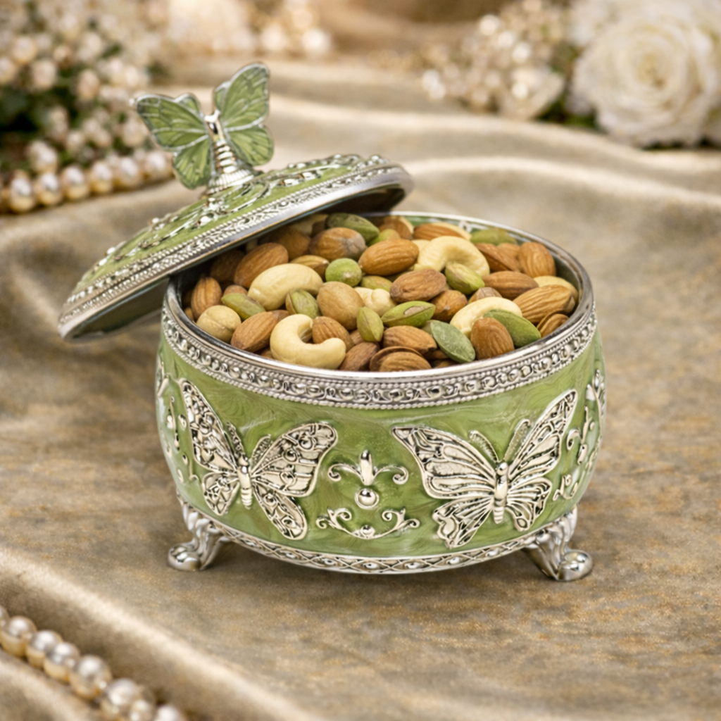 Luxury Green Butterfly German Silver Box – 4 Inch Decorative Storage & Dry Fruit Box