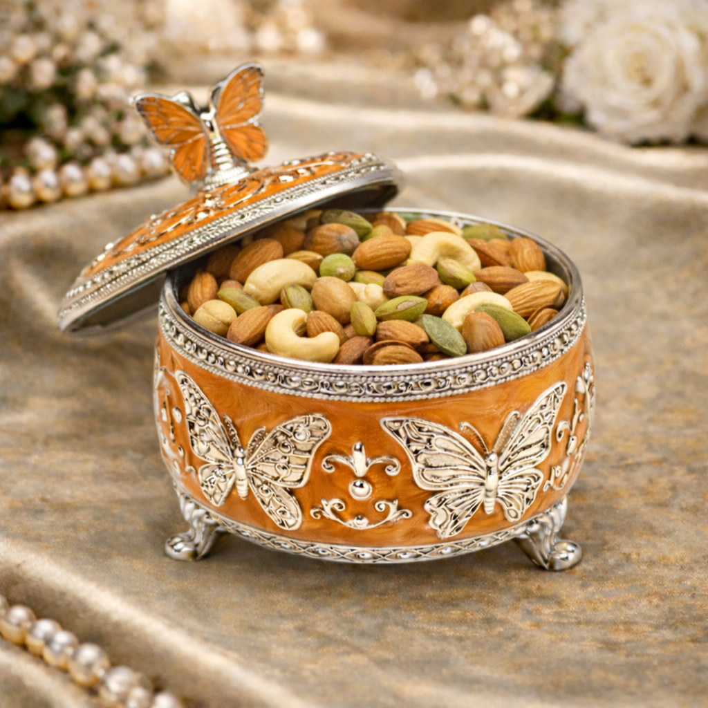 Luxury Orange Butterfly German Silver Box – 4 Inch Decorative Dry Fruit & Gift Box