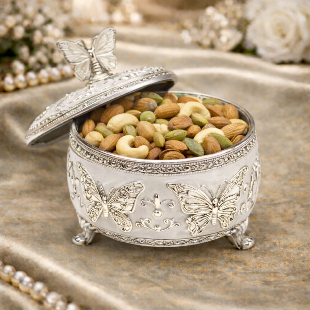 Butterfly Enamel Silver Dry Fruit Box (4 Inch) – Premium Decorative Gift Box