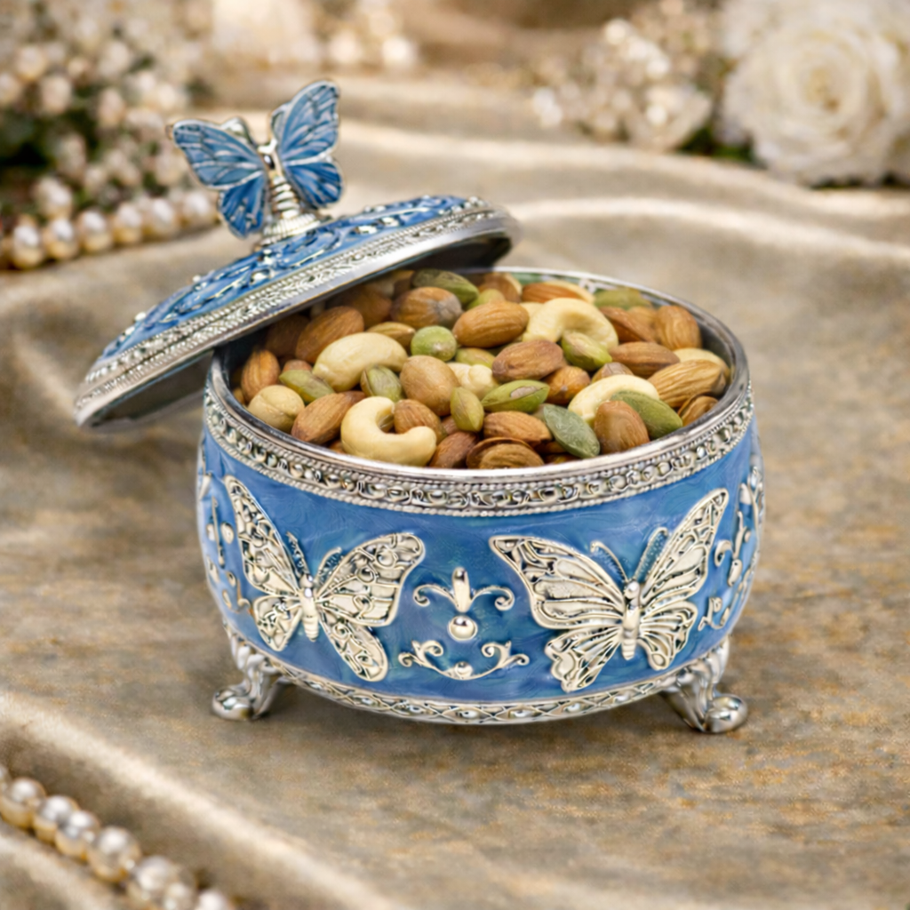 Royal Butterfly German Silver Round Storage Box with Velvet Lining – Luxury Gifting & Décor