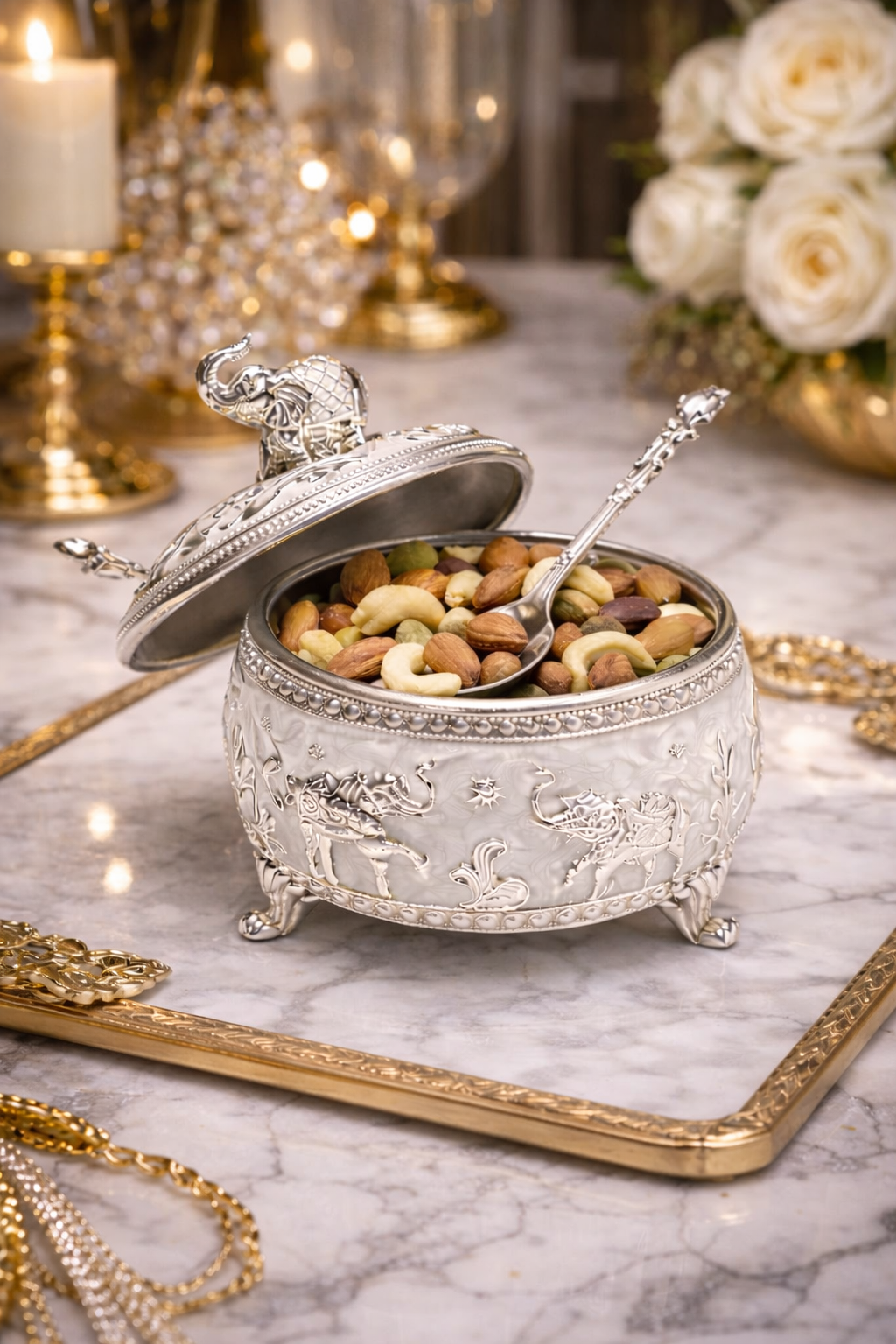 Premium German Silver Elephant Dry Fruit Bowl – White Pearl Finish (4 Inch)