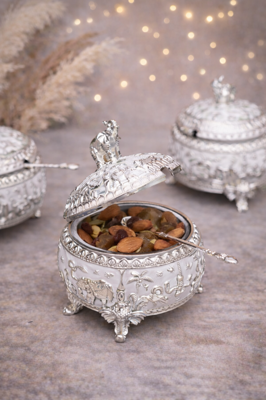 Royal Elephant German Silver Dry Fruit Box – White Finish (5 x 5 Inch)