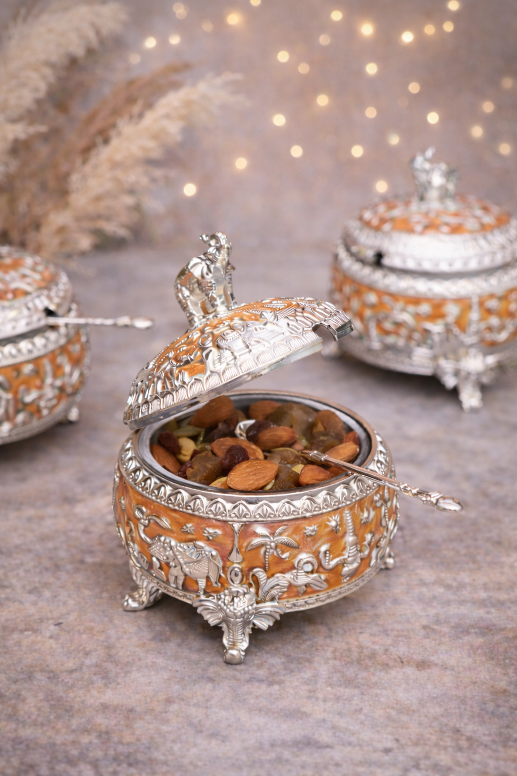 Royal Elephant German Silver Dry Fruit Bowl with Spoon – 5 Inch Luxury Serving Box