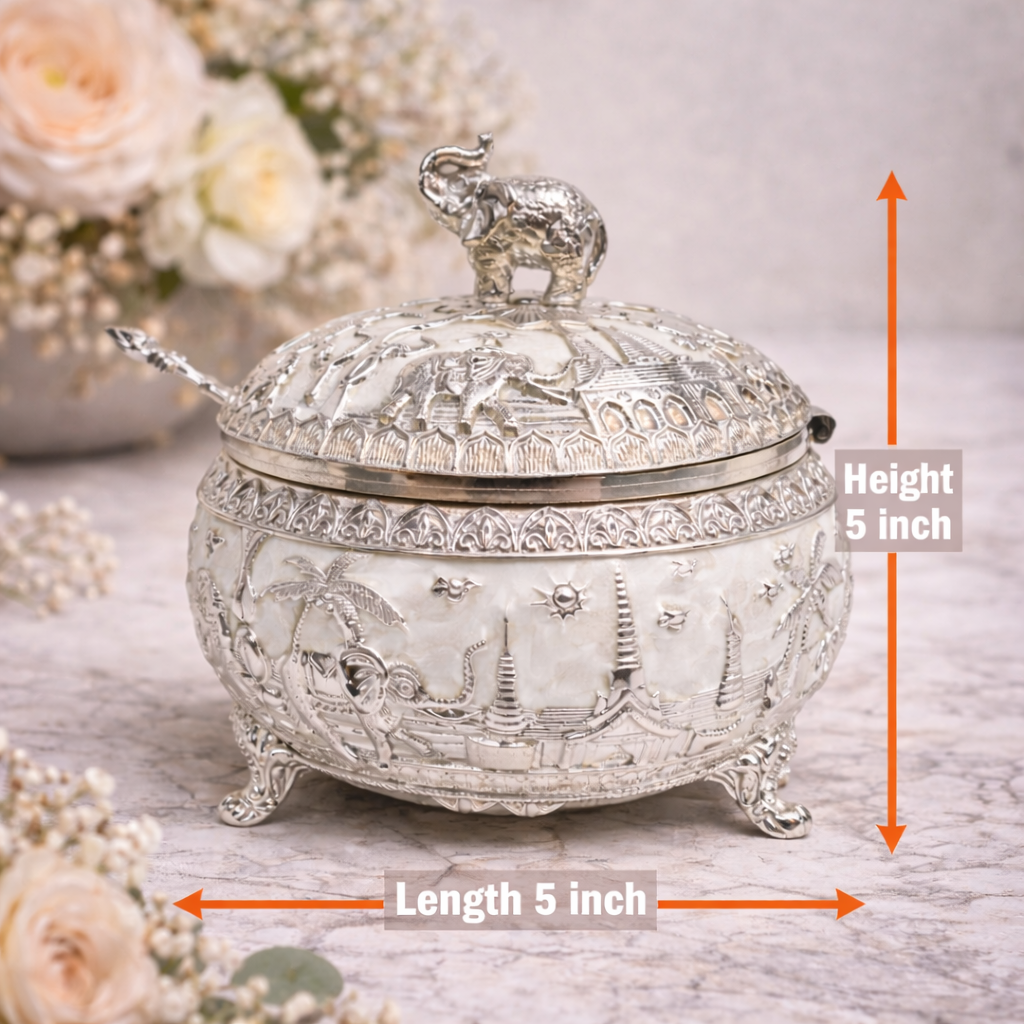 Royal Elephant German Silver Dry Fruit Box – White Finish (5 x 5 Inch)