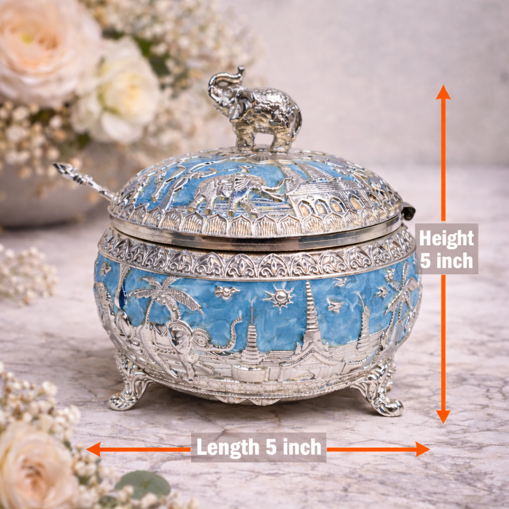 Elephant Motif German Silver Dry Fruit Bowl with Spoon – Blue Enamel | 5 Inch Luxury Serving Bowl