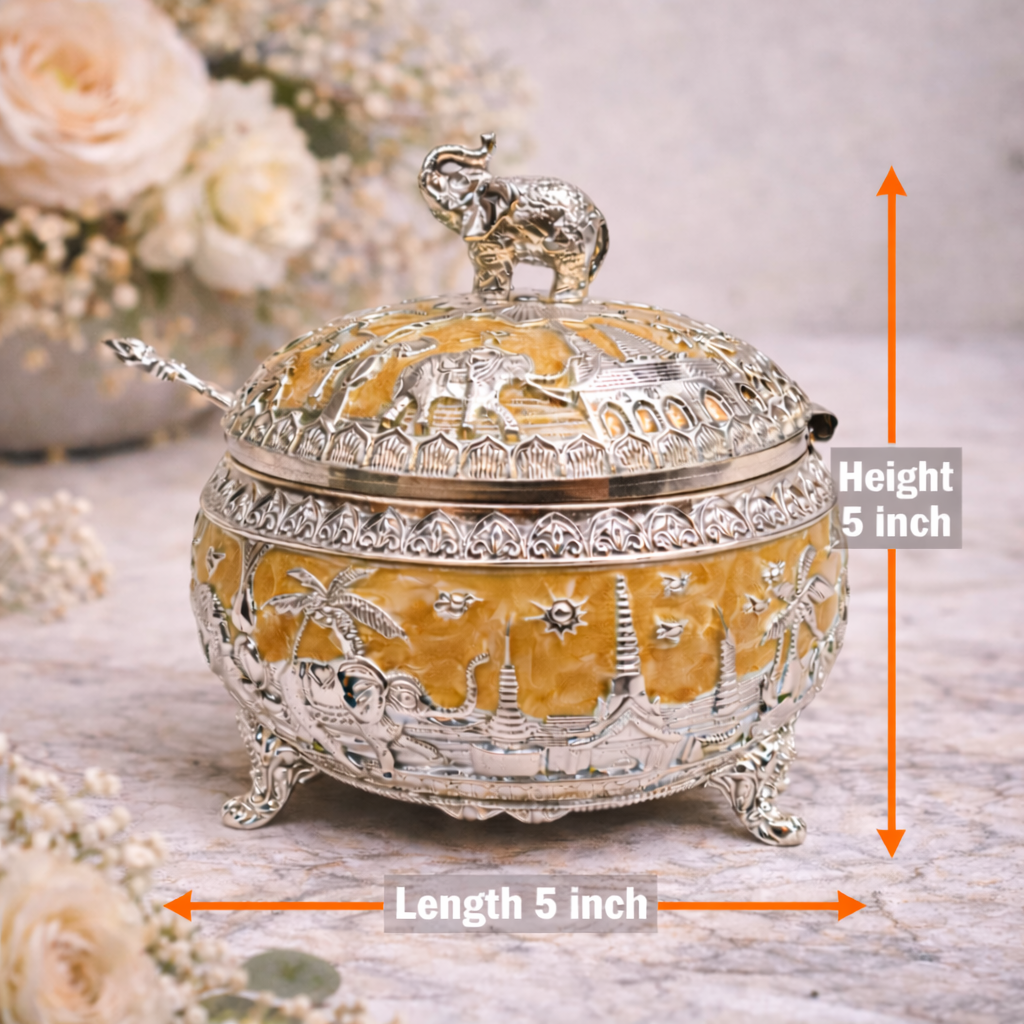 Royal Elephant German Silver Dry Fruit Bowl with Spoon – 5 Inch Luxury Serving Box