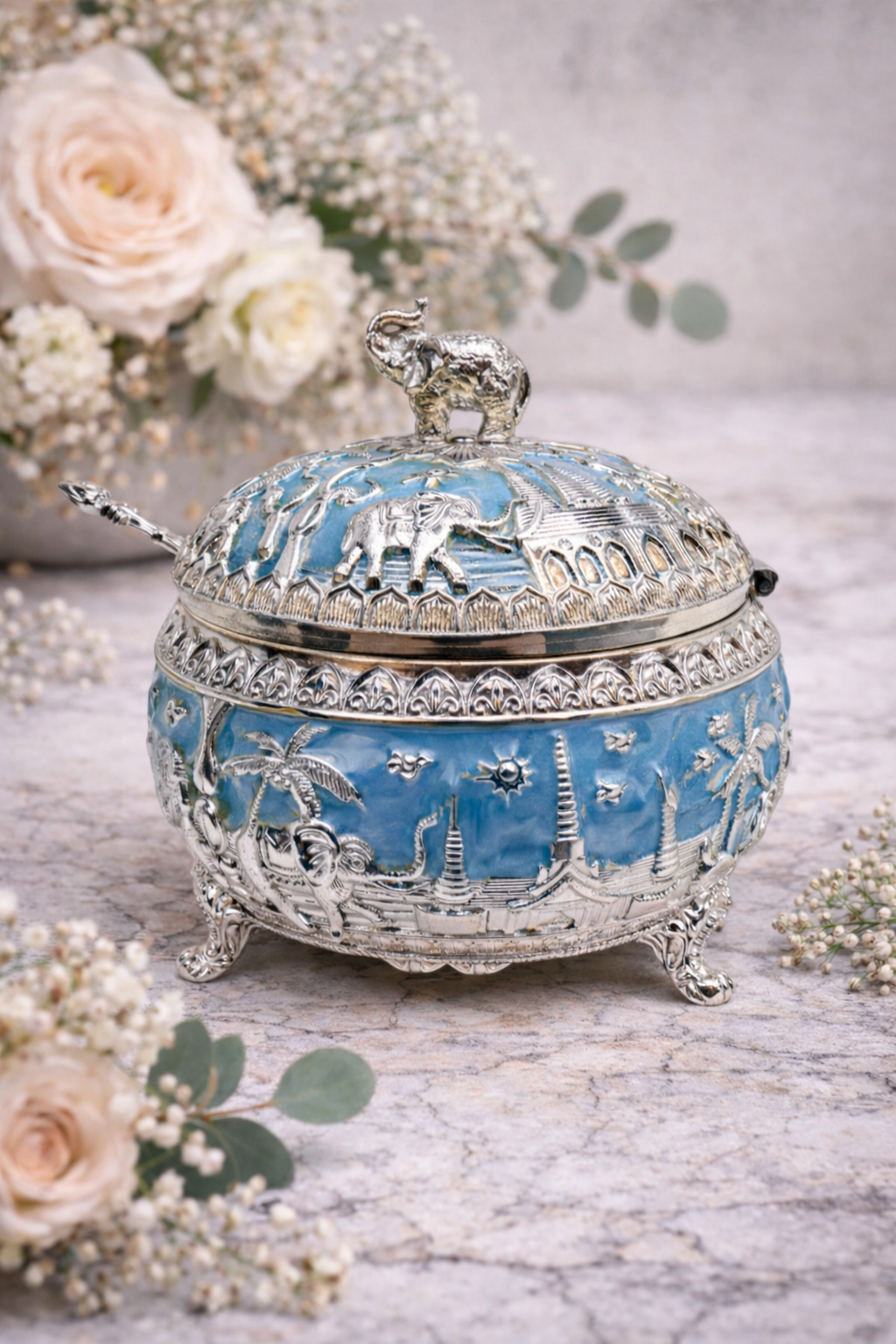 Elephant Motif German Silver Dry Fruit Bowl with Spoon – Blue Enamel | 5 Inch Luxury Serving Bowl