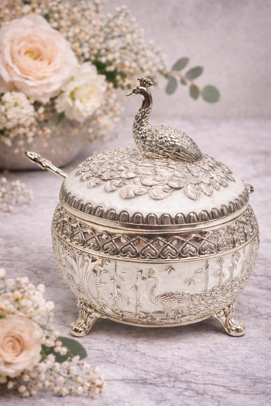 Premium White Peacock Design Dry Fruit Bowl with Lid & Spoon – 5 Inch Decorative Metal Box