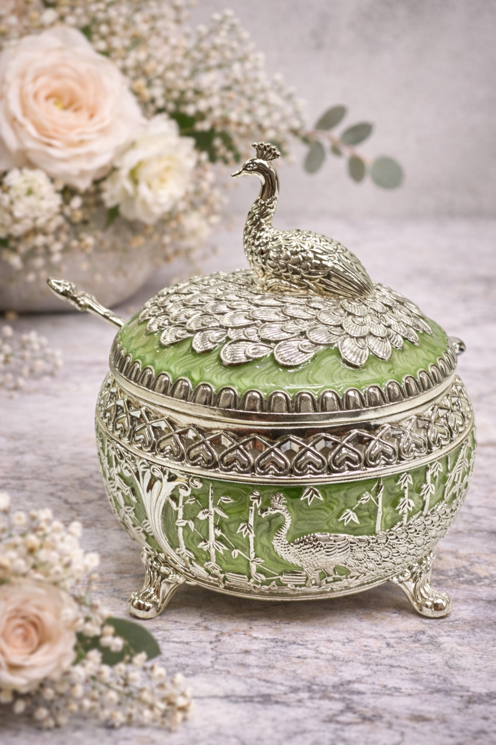 Premium Green Peacock Design Decorative Dry Fruit Box with Lid & Spoon (5 x 5 Inch)