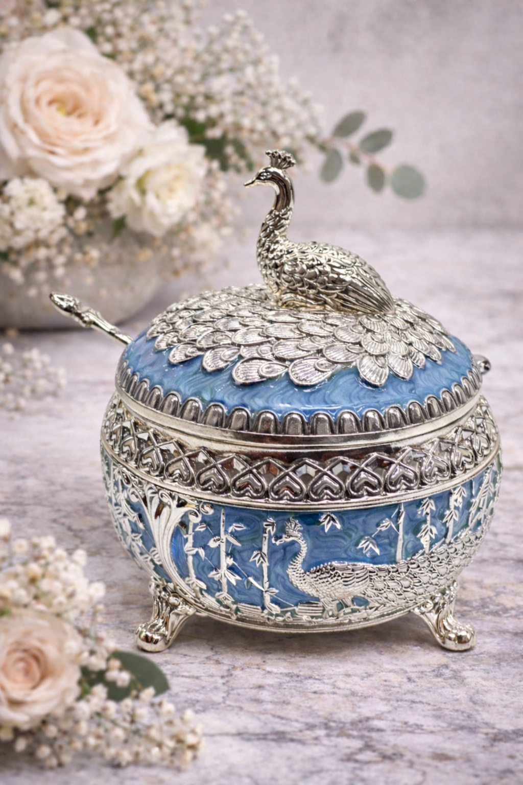 Royal Peacock German Silver Dry Fruit Box (5×5 Inch) – Premium Decorative Storage Bowl