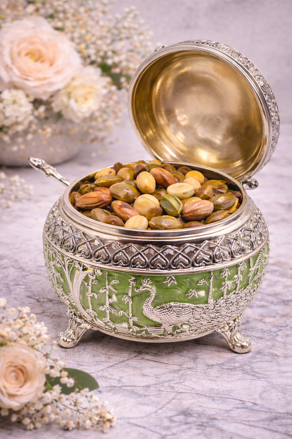 Premium Green Peacock Design Decorative Dry Fruit Box with Lid & Spoon (5 x 5 Inch)