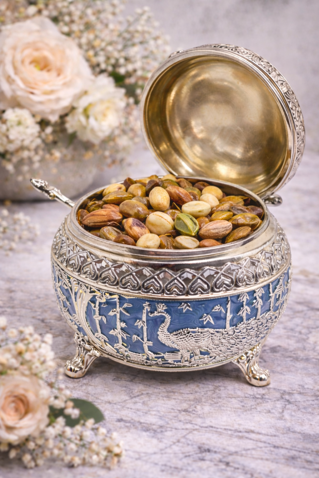 Royal Peacock German Silver Dry Fruit Box (5×5 Inch) – Premium Decorative Storage Bowl