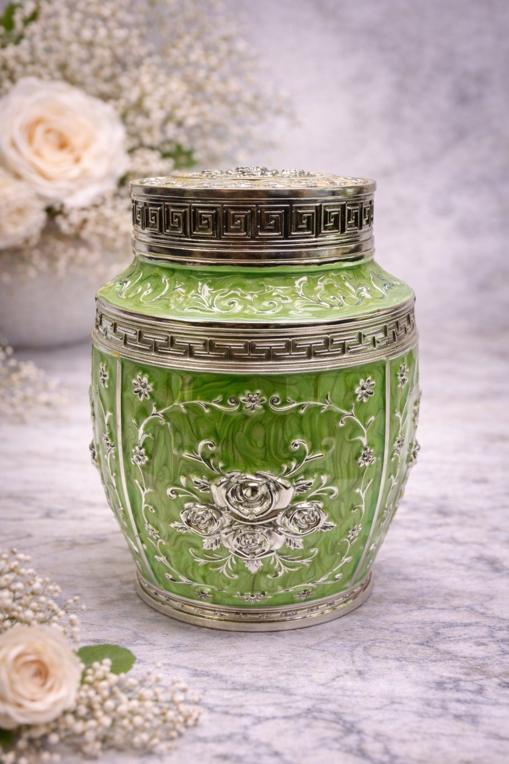 Luxury Green Floral Enamel Storage Jar with Silver Detailing – 7 Inch Decorative Dry Fruit & Sweet Container