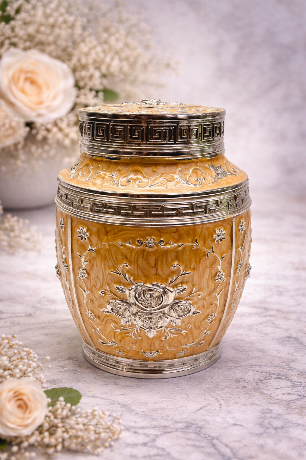 Luxury Orange Floral Silver Finish Storage Jar with Lid (7 x 5 Inch)