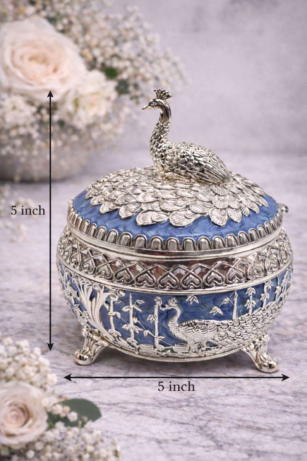 Royal Peacock German Silver Dry Fruit Box (5×5 Inch) – Premium Decorative Storage Bowl