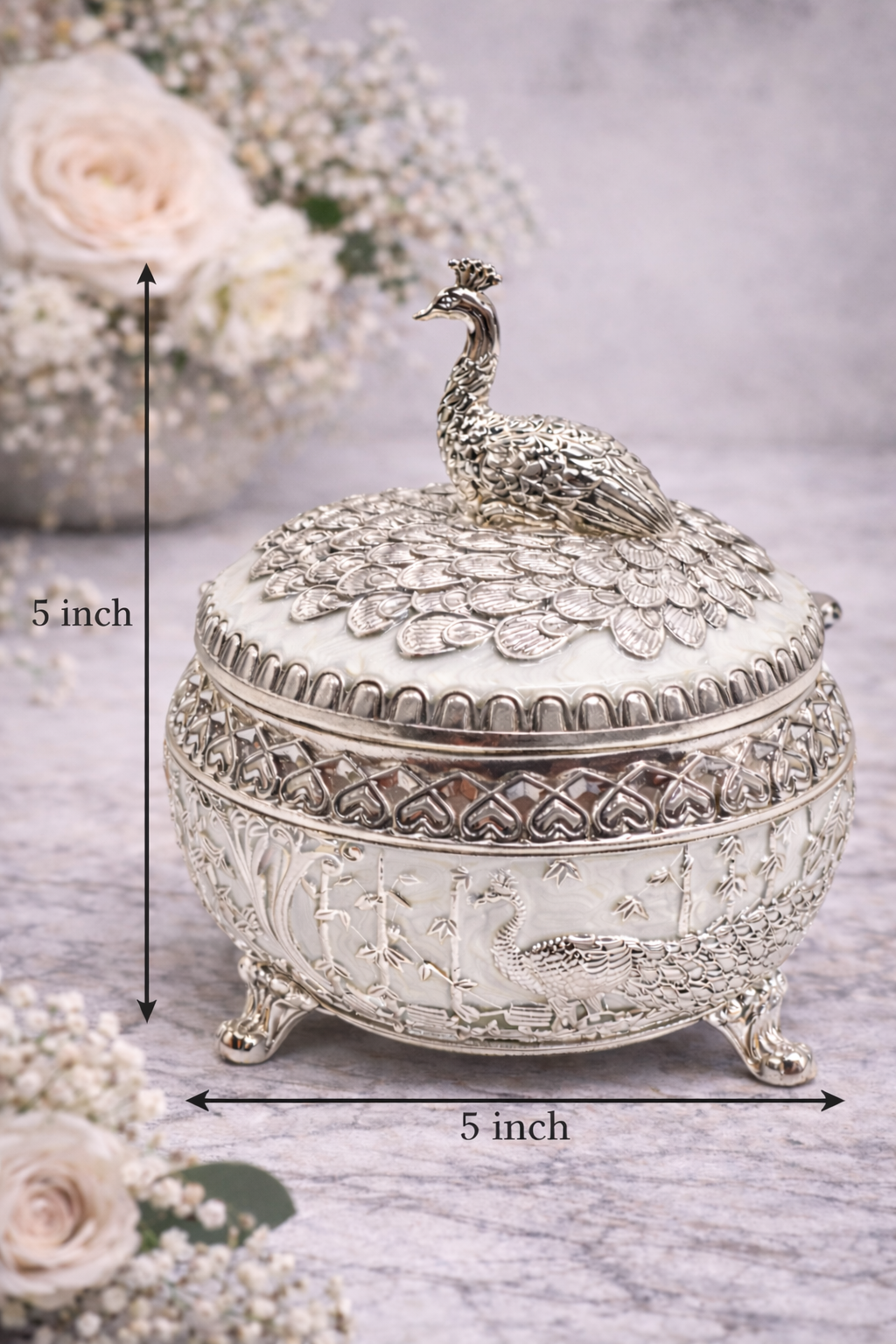Premium White Peacock Design Dry Fruit Bowl with Lid & Spoon – 5 Inch Decorative Metal Box