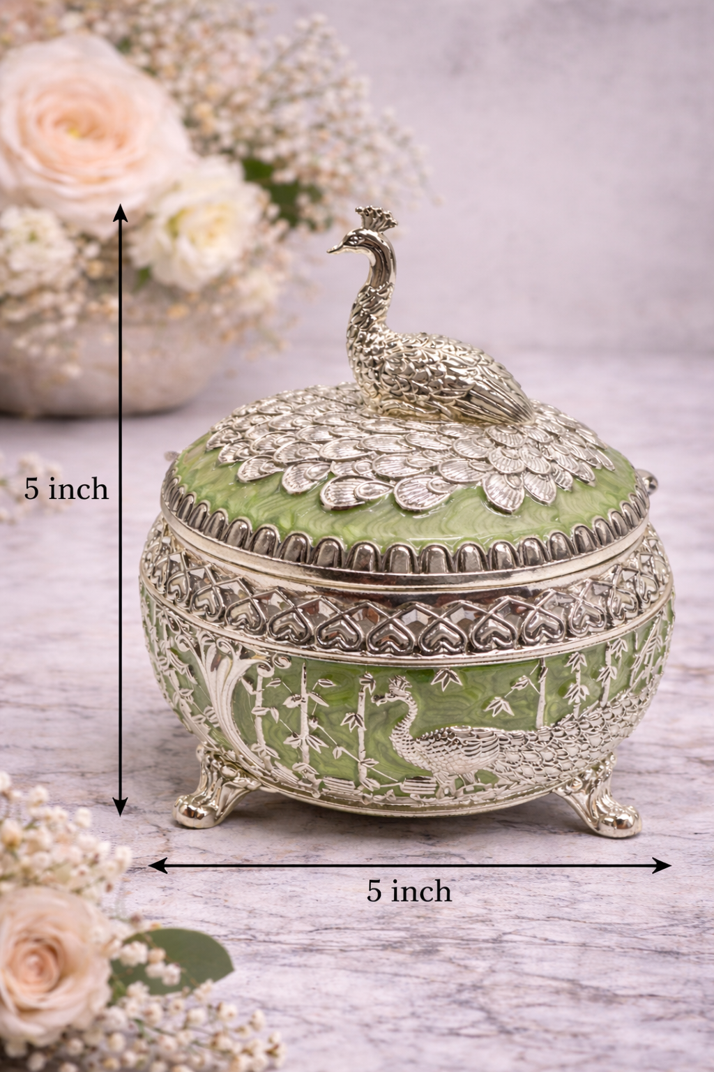 Premium Green Peacock Design Decorative Dry Fruit Box with Lid & Spoon (5 x 5 Inch)