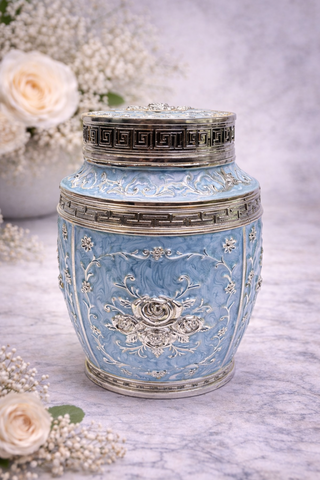 Premium Blue Floral Embossed Metal Storage Jar with Lid – 7 Inch Decorative Dry Fruit & Sweet Container
