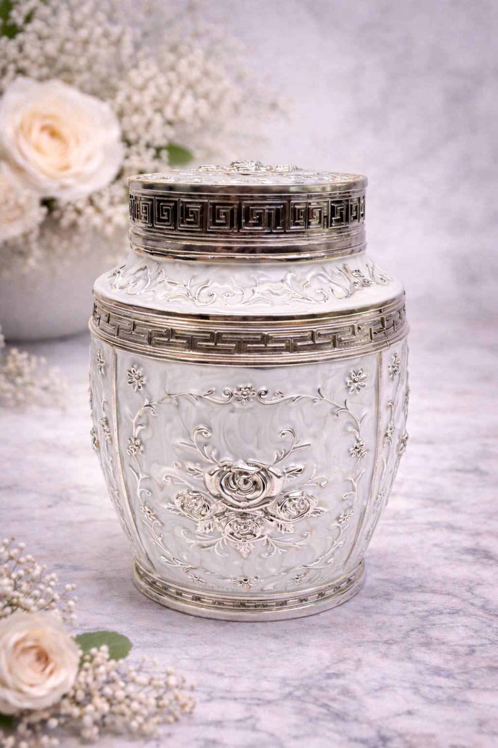 White Floral Silver Decorative Storage Jar (7 x 5 Inch) – Luxury Sweet & Dry Fruit Container