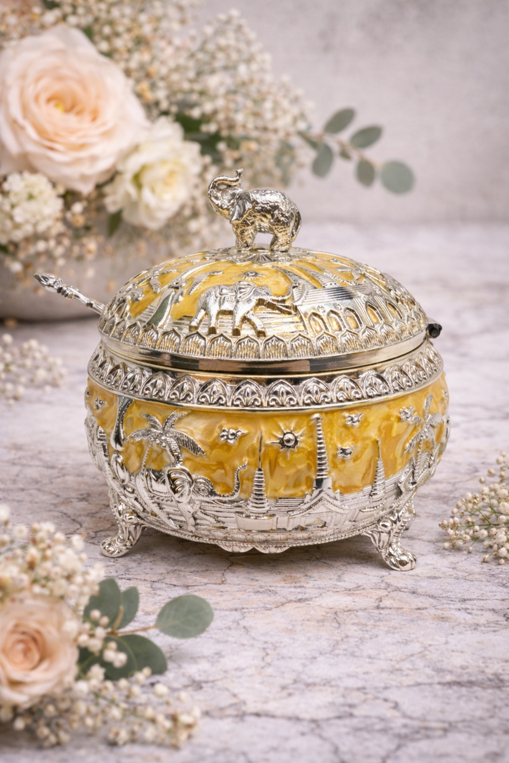 Royal Elephant German Silver Dry Fruit Bowl with Spoon – 5 Inch Luxury Serving Box