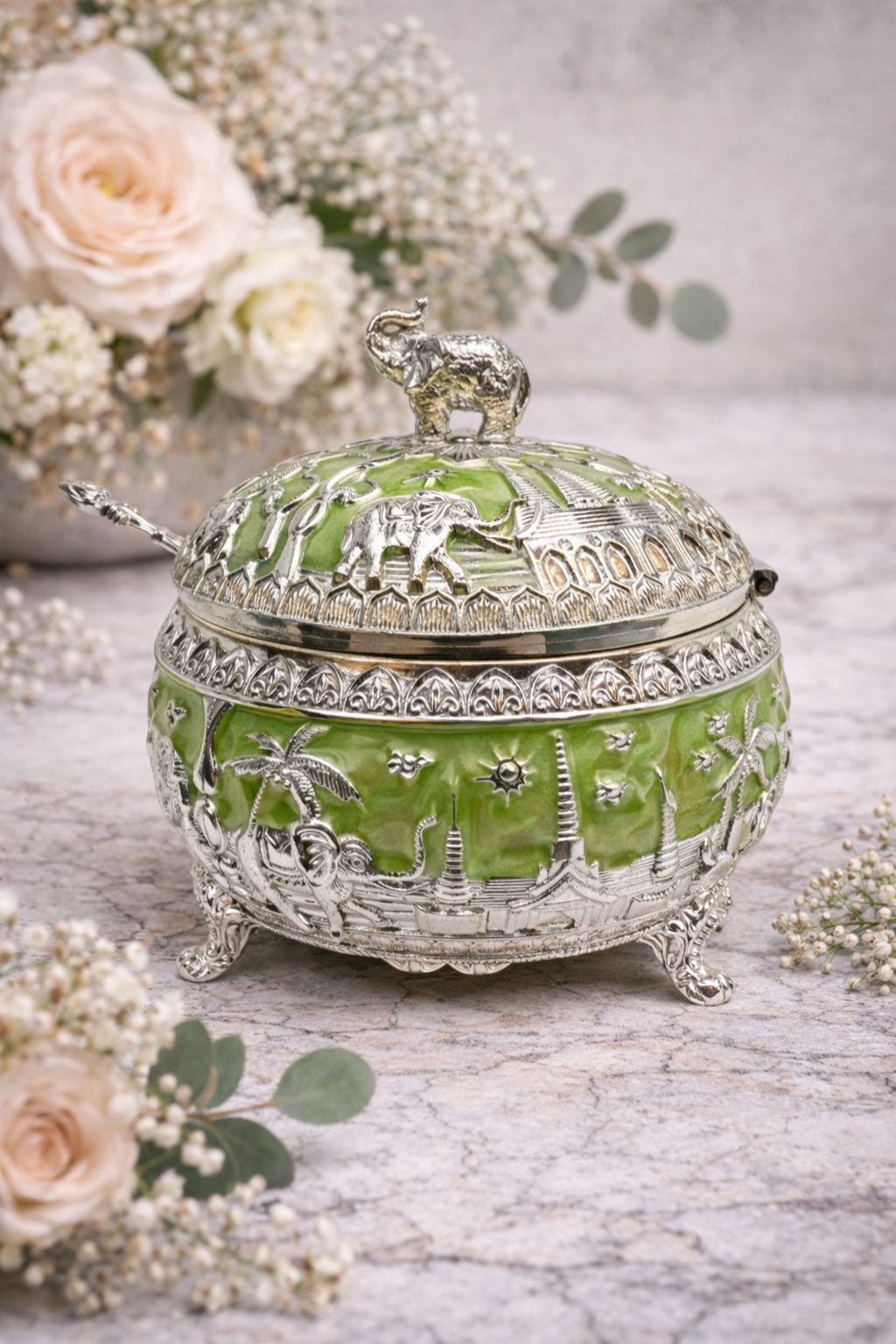 Royal Green Elephant German Silver Dry Fruit Box – 5 Inch with Spoon