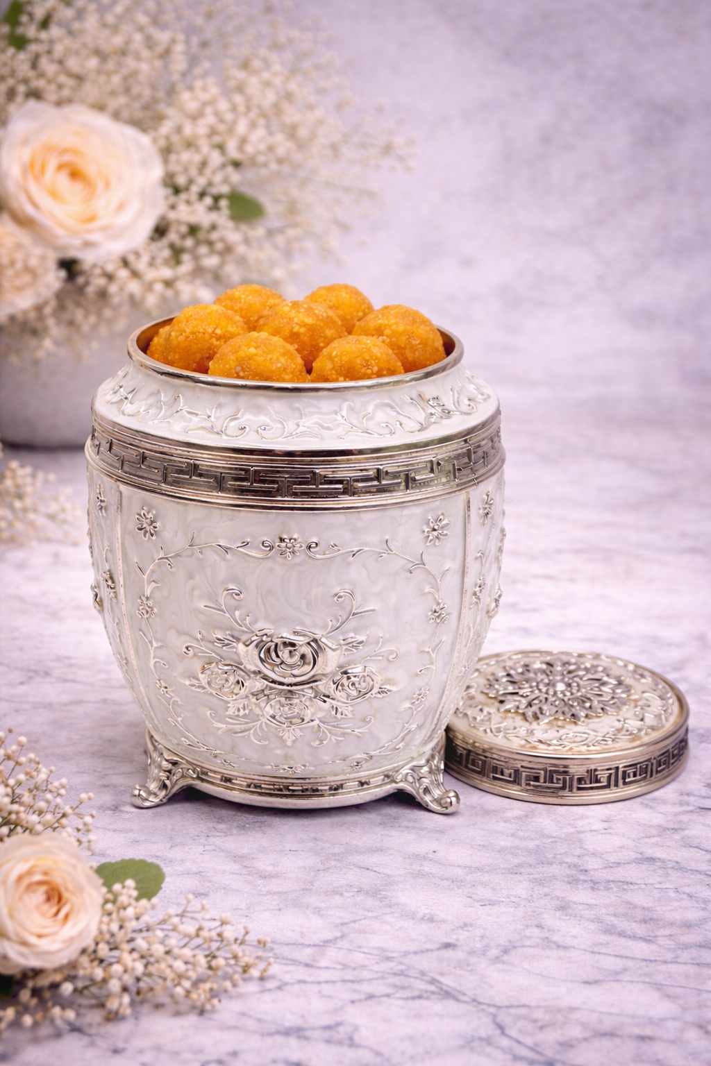 White Floral Silver Decorative Storage Jar (7 x 5 Inch) – Luxury Sweet & Dry Fruit Container