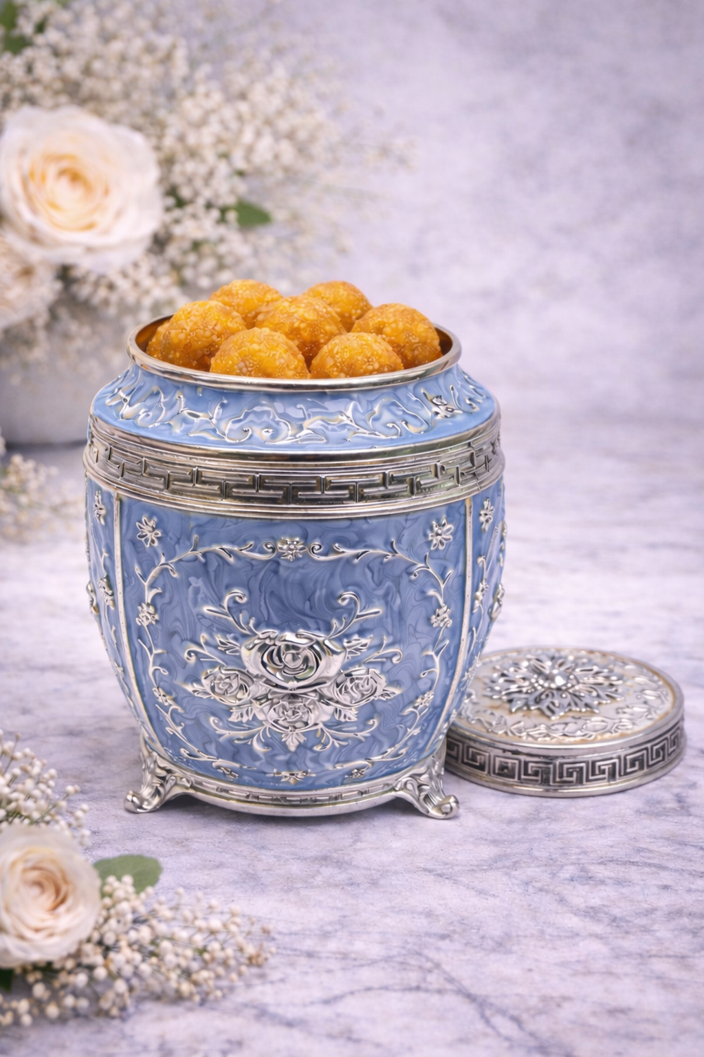 Premium Blue Floral Embossed Metal Storage Jar with Lid – 7 Inch Decorative Dry Fruit & Sweet Container