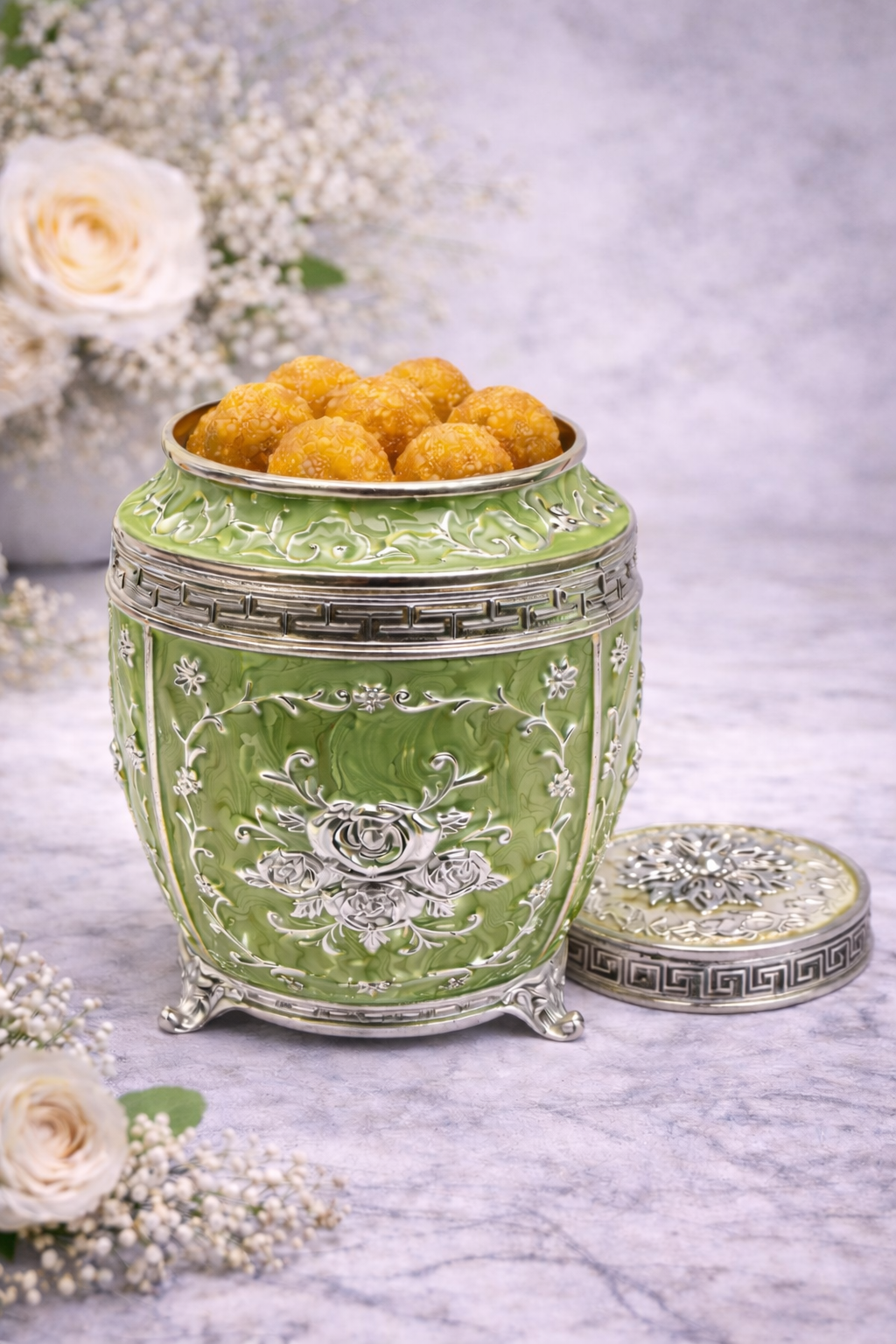 Luxury Green Floral Enamel Storage Jar with Silver Detailing – 7 Inch Decorative Dry Fruit & Sweet Container