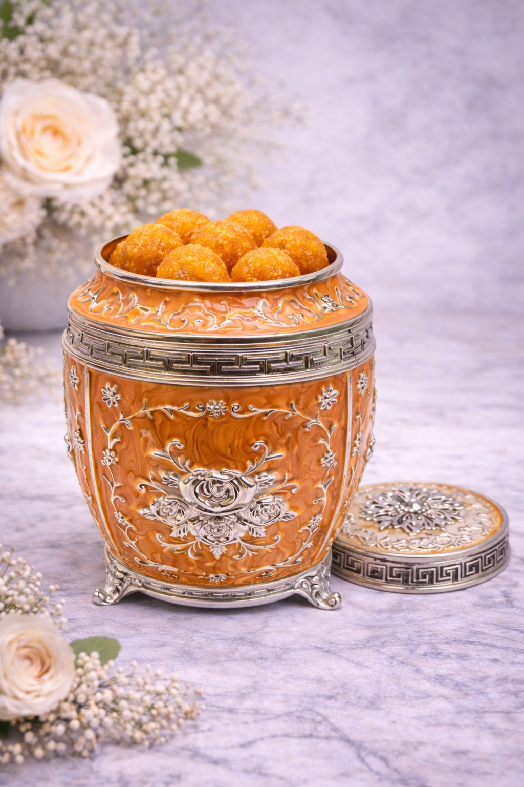 Luxury Orange Floral Silver Finish Storage Jar with Lid (7 x 5 Inch)
