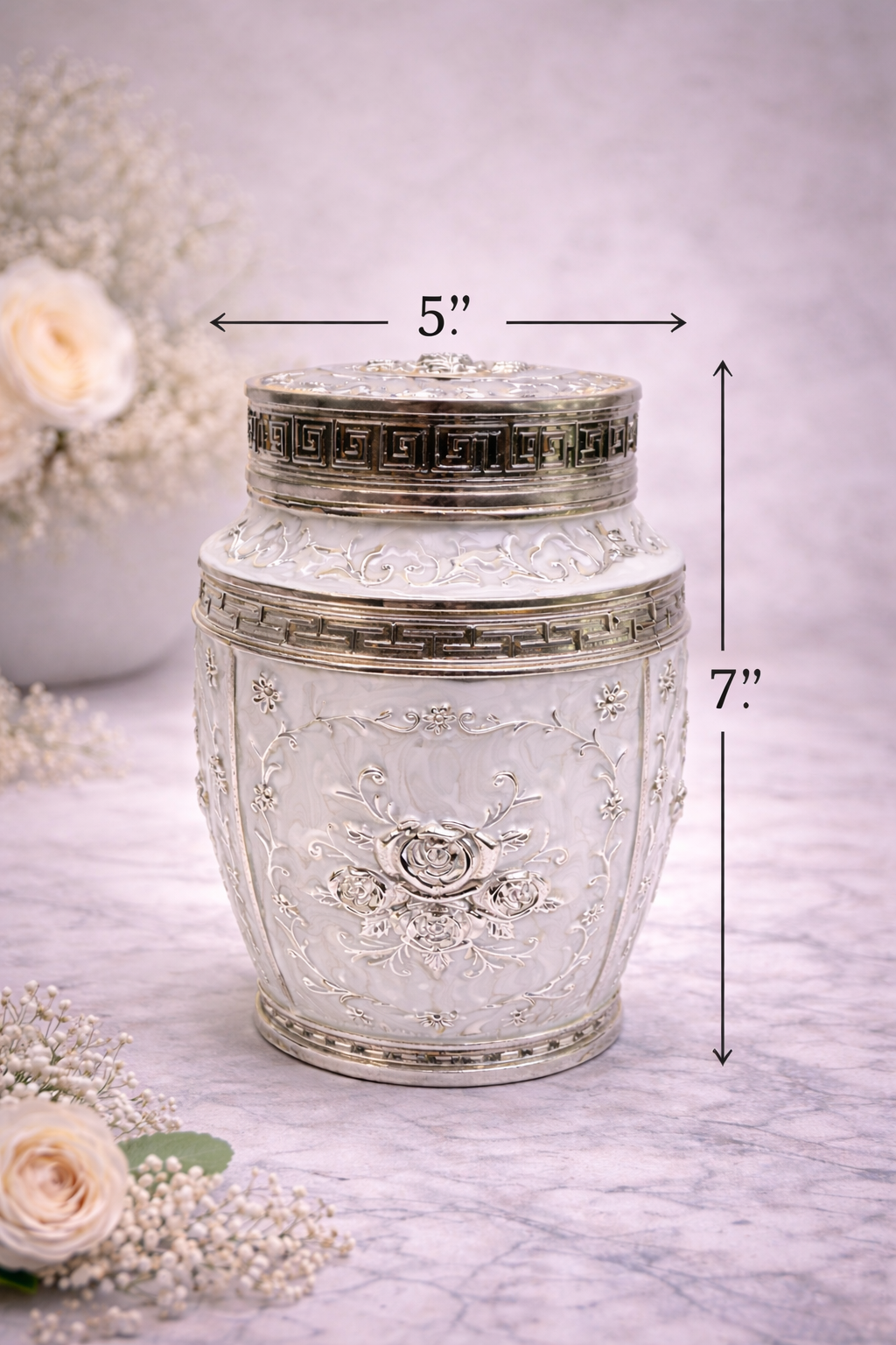 White Floral Silver Decorative Storage Jar (7 x 5 Inch) – Luxury Sweet & Dry Fruit Container