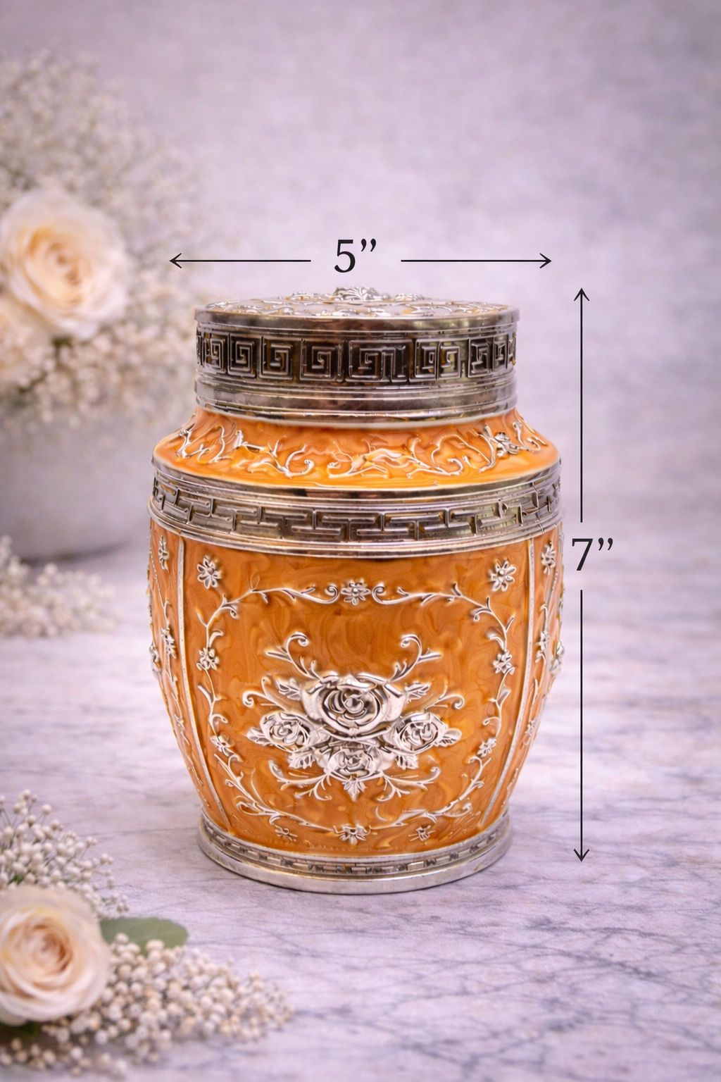 Luxury Orange Floral Silver Finish Storage Jar with Lid (7 x 5 Inch)