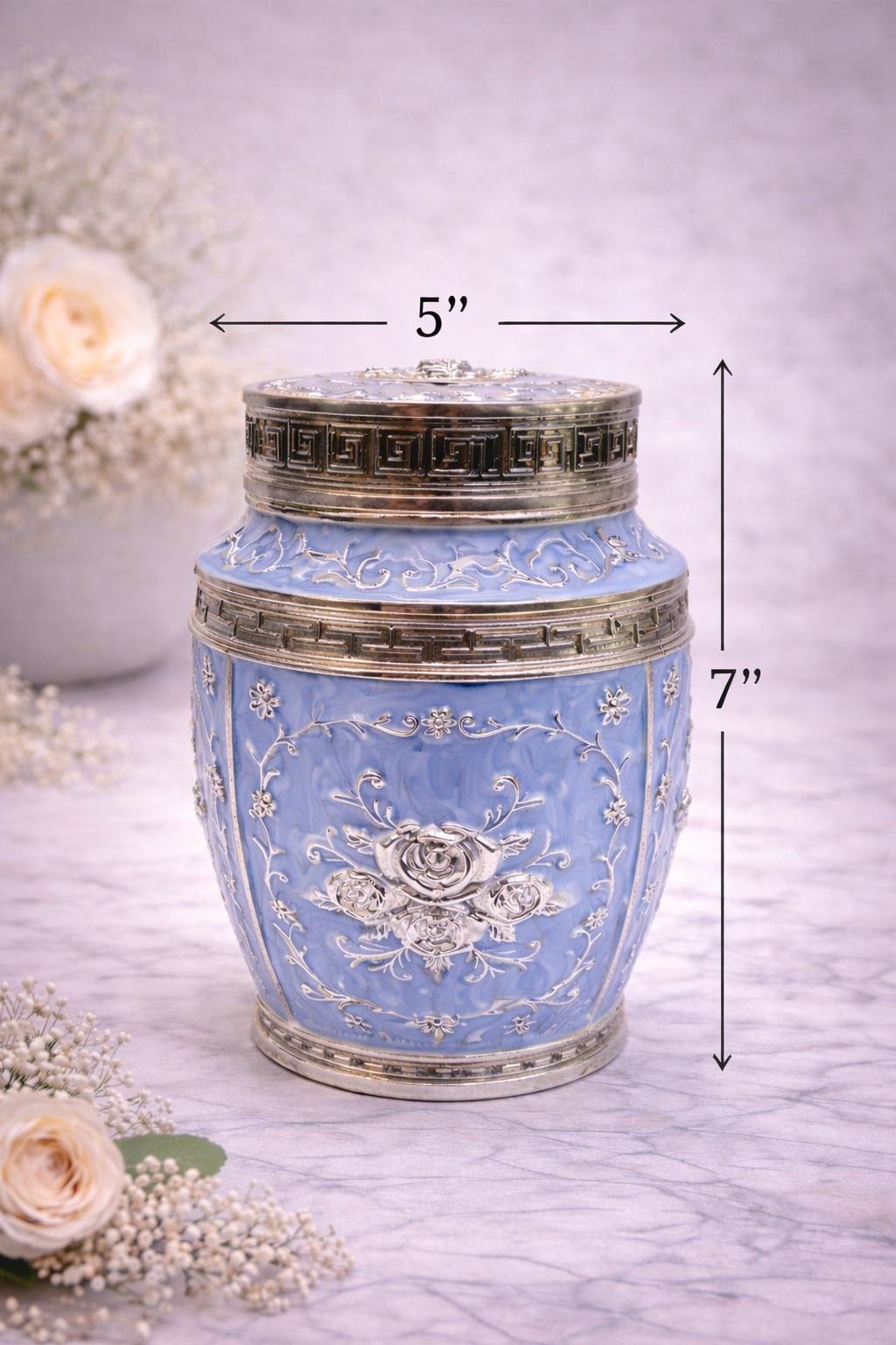Premium Blue Floral Embossed Metal Storage Jar with Lid – 7 Inch Decorative Dry Fruit & Sweet Container