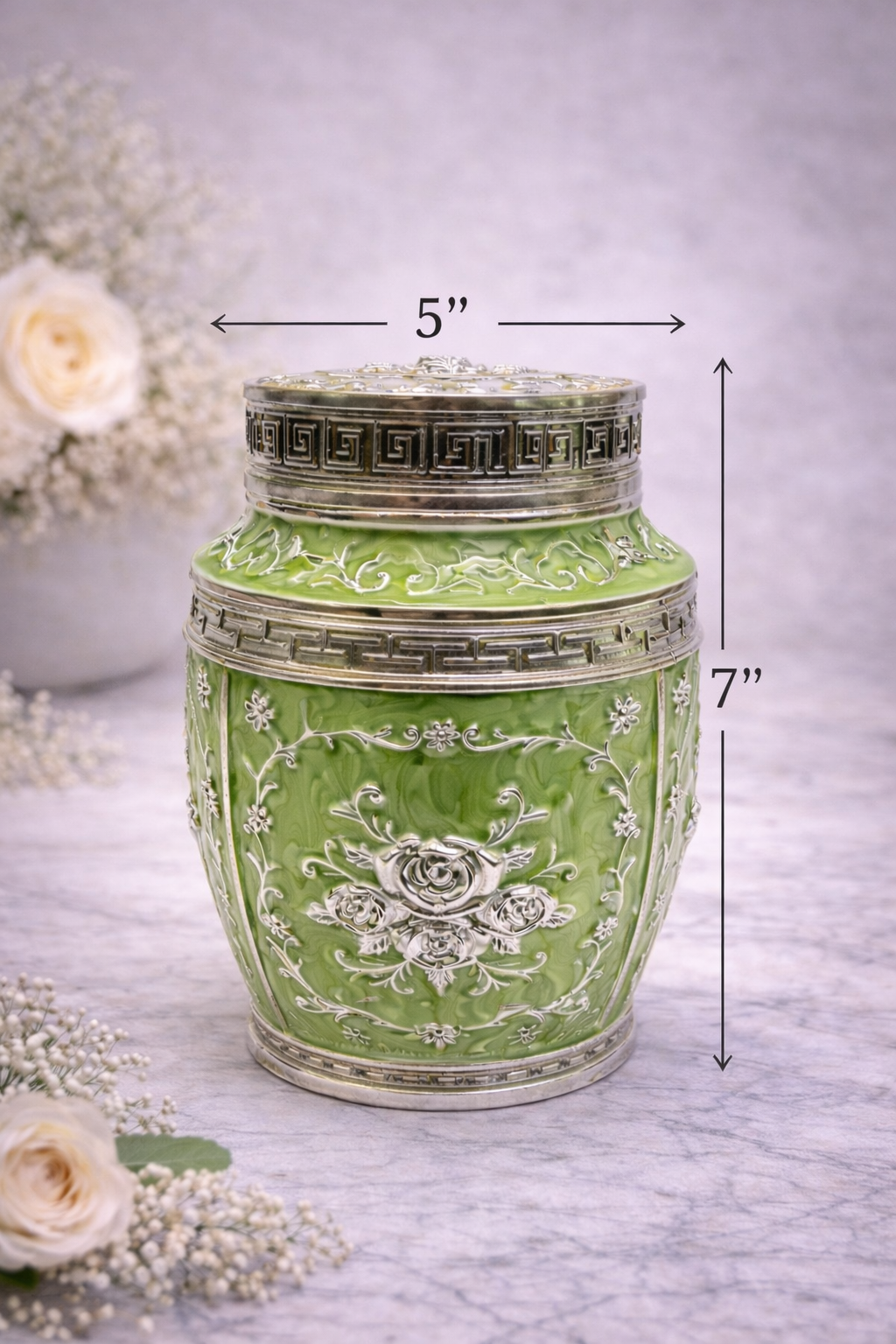 Luxury Green Floral Enamel Storage Jar with Silver Detailing – 7 Inch Decorative Dry Fruit & Sweet Container