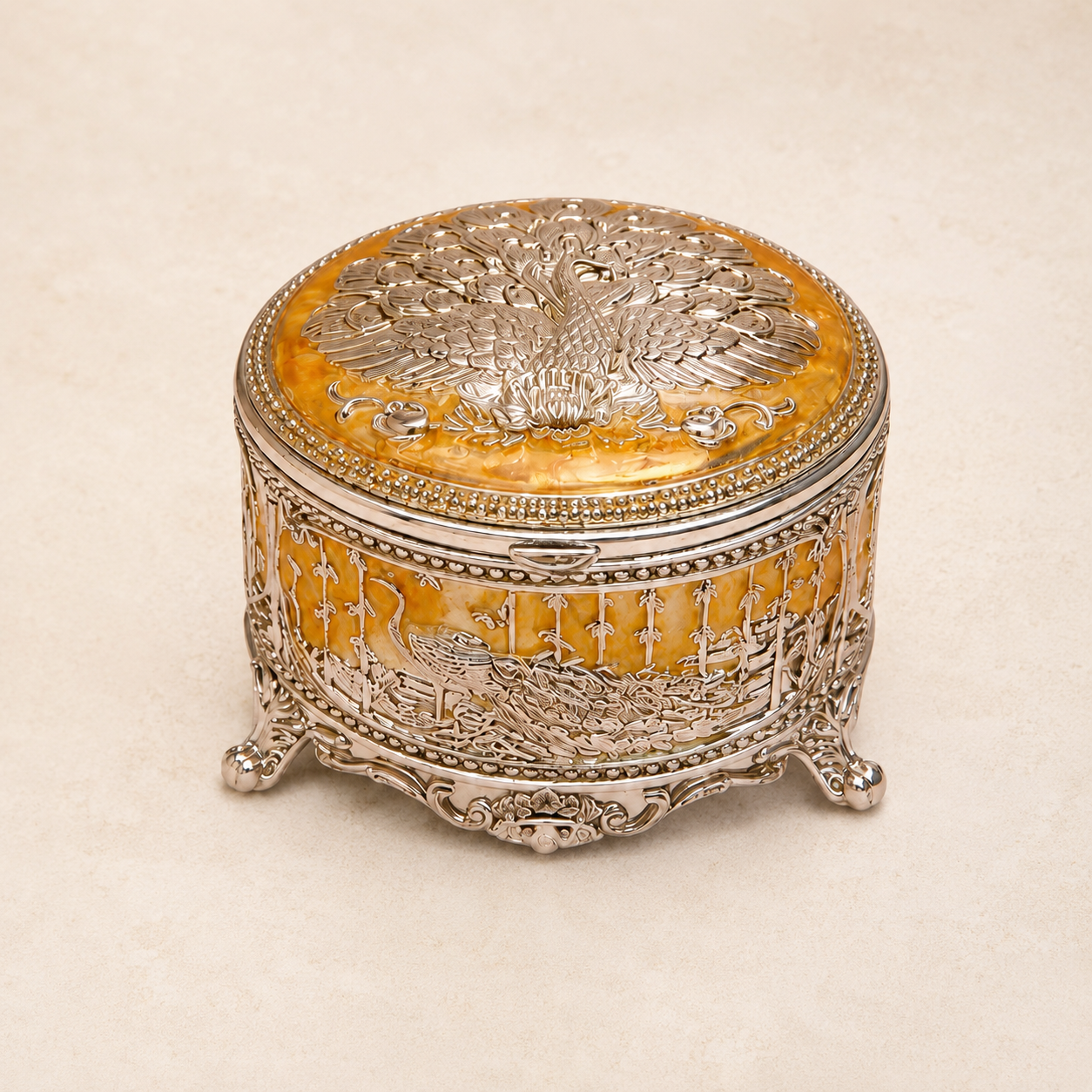 Premium German Silver Peacock Jewellery Box – 3 Inch Round with Velvet Interior