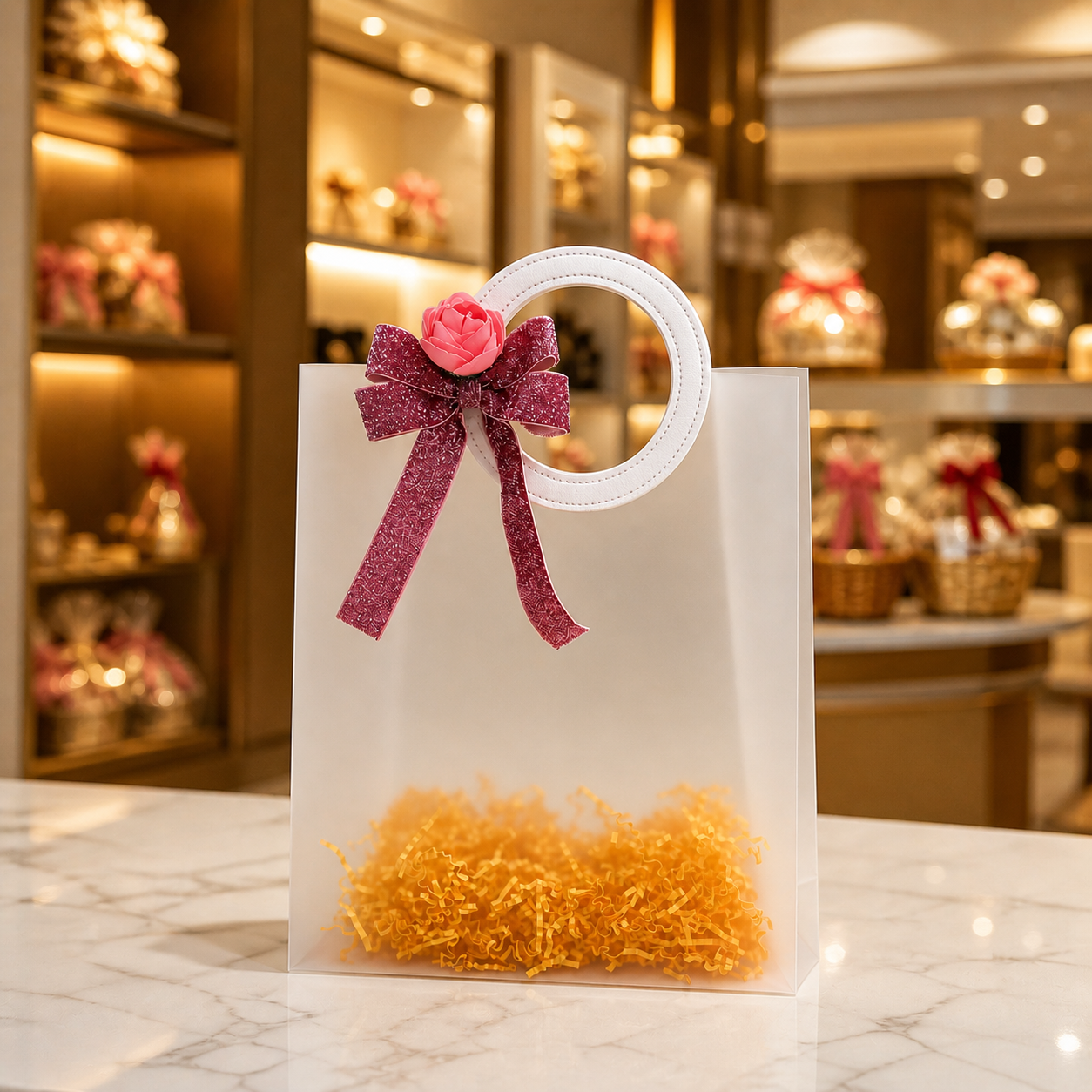 (Set of 5)Premium Frosted Transparent Gift Bags with Floral Bow – 7 x 10 Inch Sizes | Luxury Hamper Packing Bags