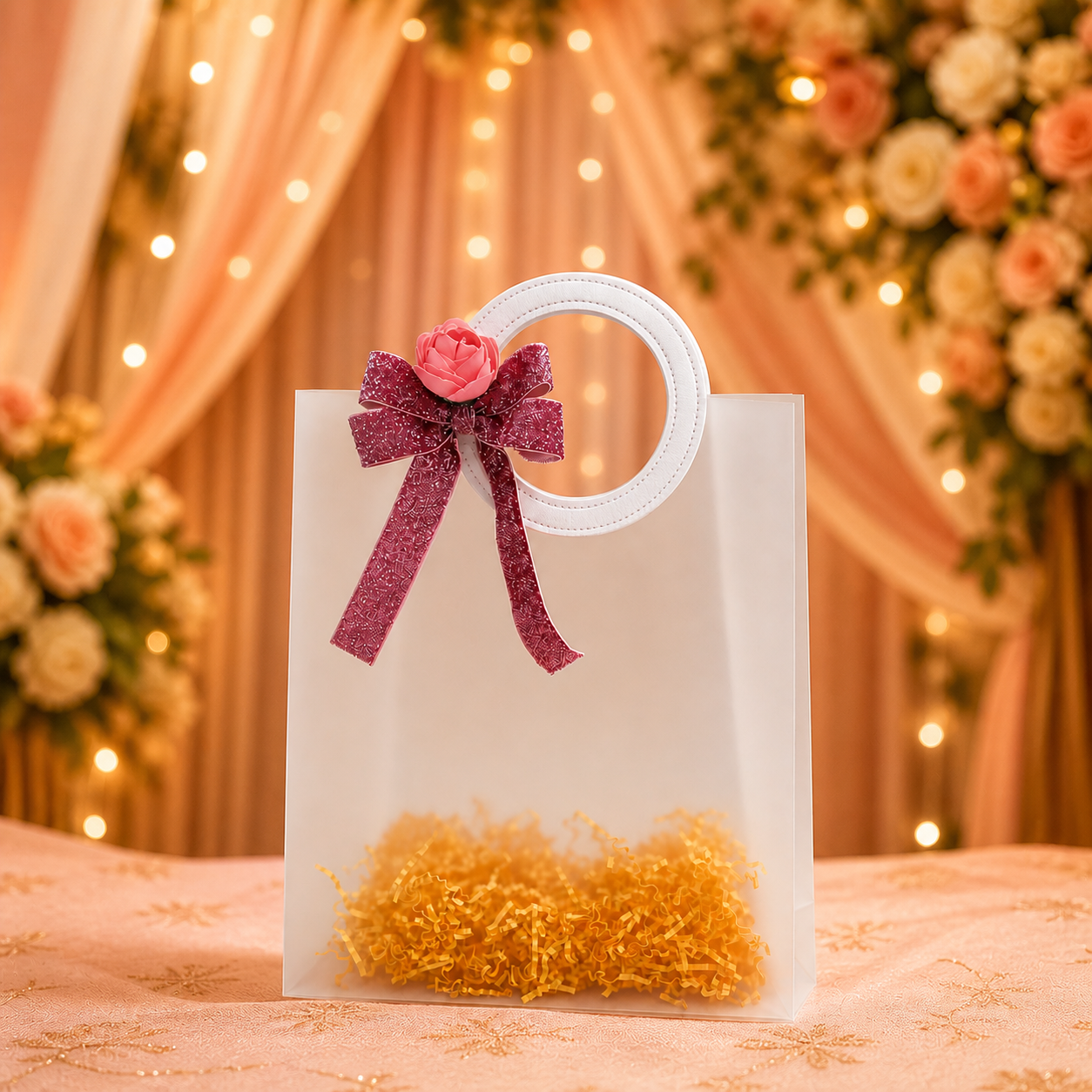 (Set of 5)Premium Frosted Transparent Gift Bags with Floral Bow – 7 x 10 Inch Sizes | Luxury Hamper Packing Bags