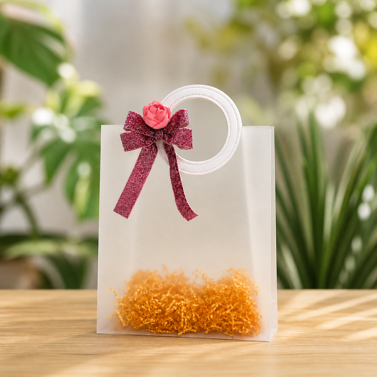 (Set of 5)Premium Frosted Transparent Gift Bags with Floral Bow – 7 x 10 Inch Sizes | Luxury Hamper Packing Bags