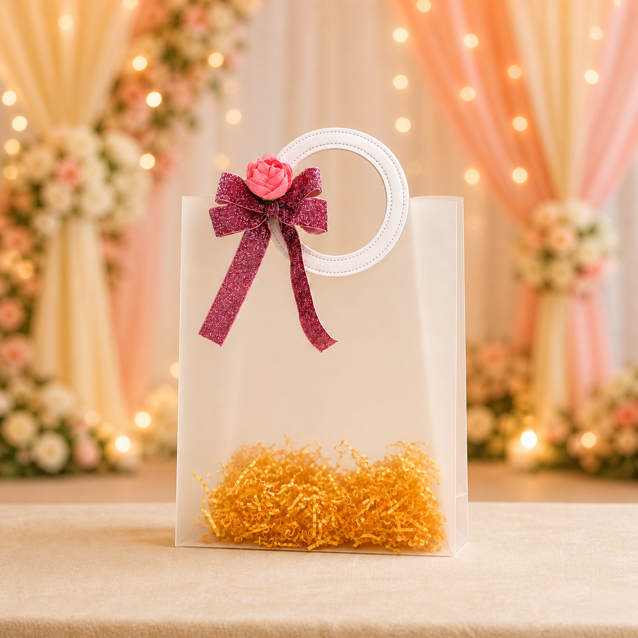 (Set of 5)Premium Frosted Transparent Gift Bags with Floral Bow – 7 x 10 Inch Sizes | Luxury Hamper Packing Bags
