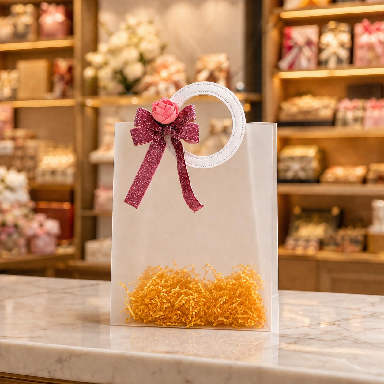 (Set of 5)Premium Frosted Transparent Gift Bags with Floral Bow – 7 x 10 Inch Sizes | Luxury Hamper Packing Bags